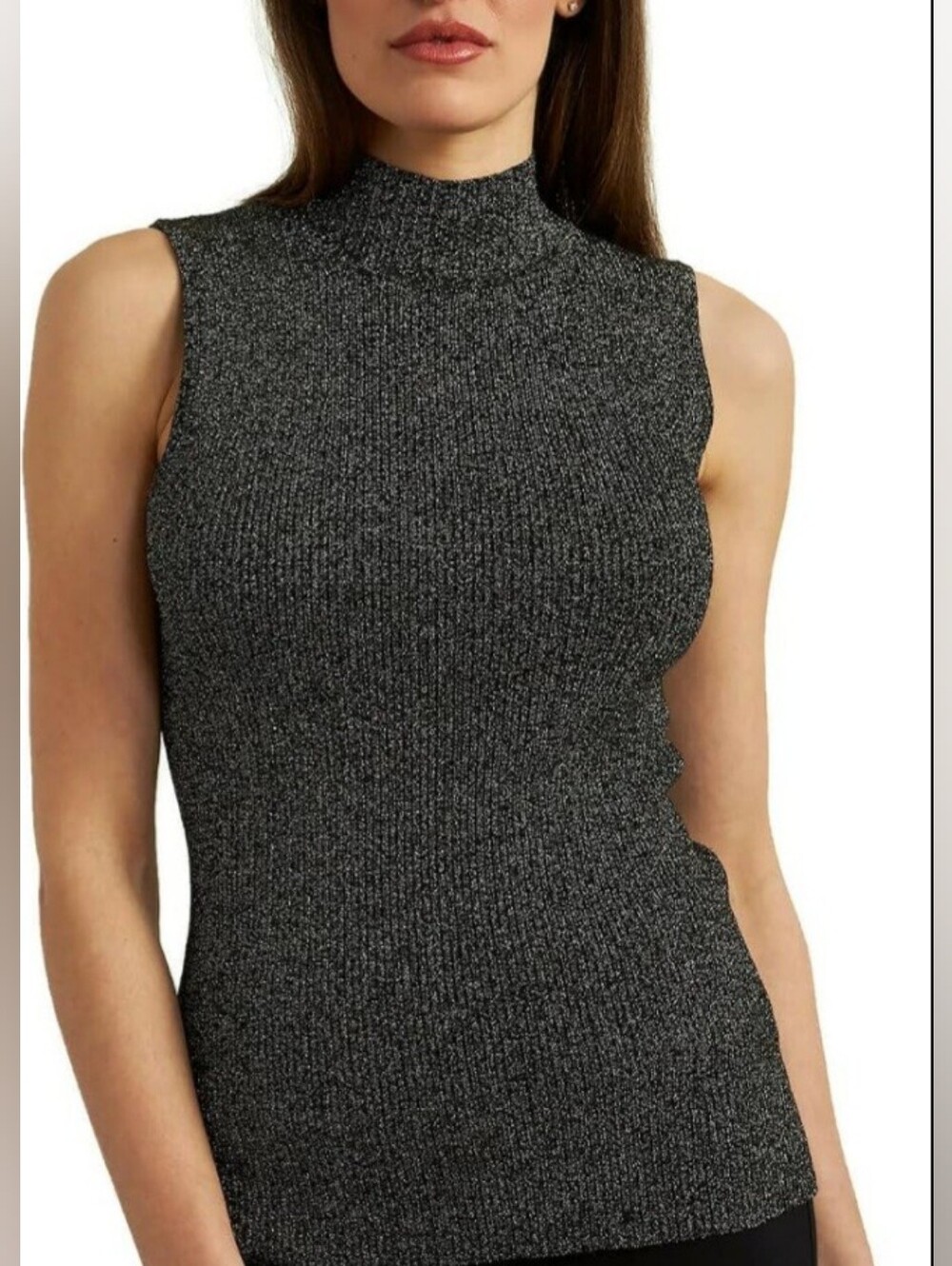 212 Collection Women's Black Metallic Ribbed Mock Neck Tank ~ Size Medium